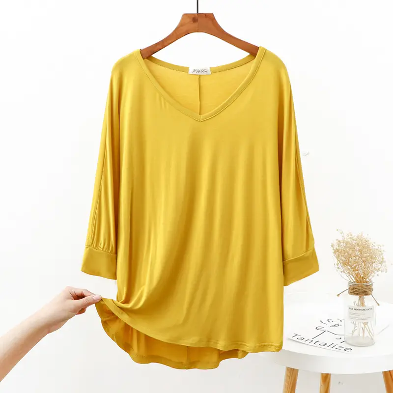 Women V-Neck Loose T-Shirt Brown Plus Size - Image 2