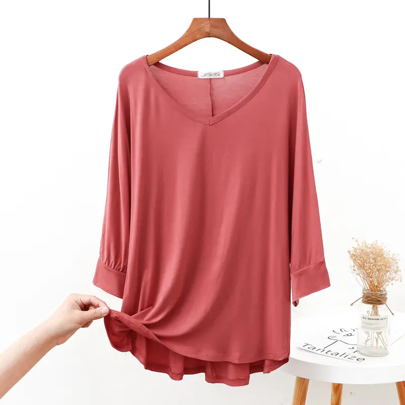Women V-Neck Loose T-Shirt Brown Plus Size - Image 5