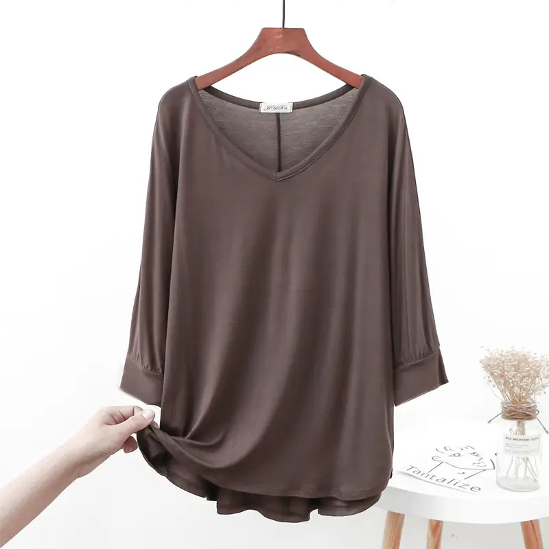 Women V-Neck Loose T-Shirt Brown Plus Size - Image 9