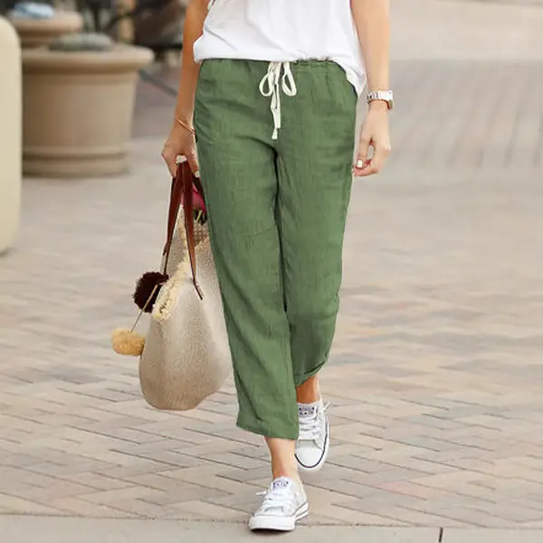 Green Drawstring Elastic Waist Cotton Linen Pants