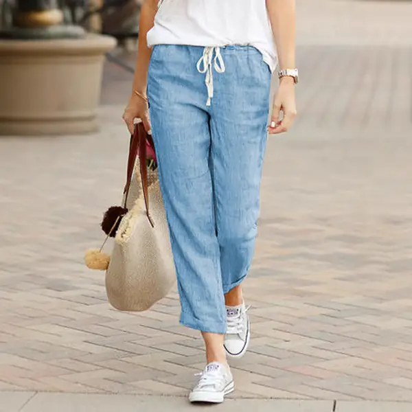 Green Drawstring Elastic Waist Cotton Linen Pants