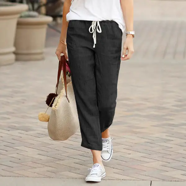Green Drawstring Elastic Waist Cotton Linen Pants