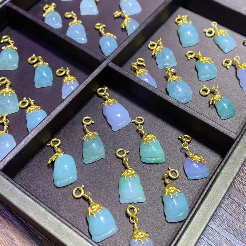 Burmese Jade Bell Bracelets Blue Gold Set