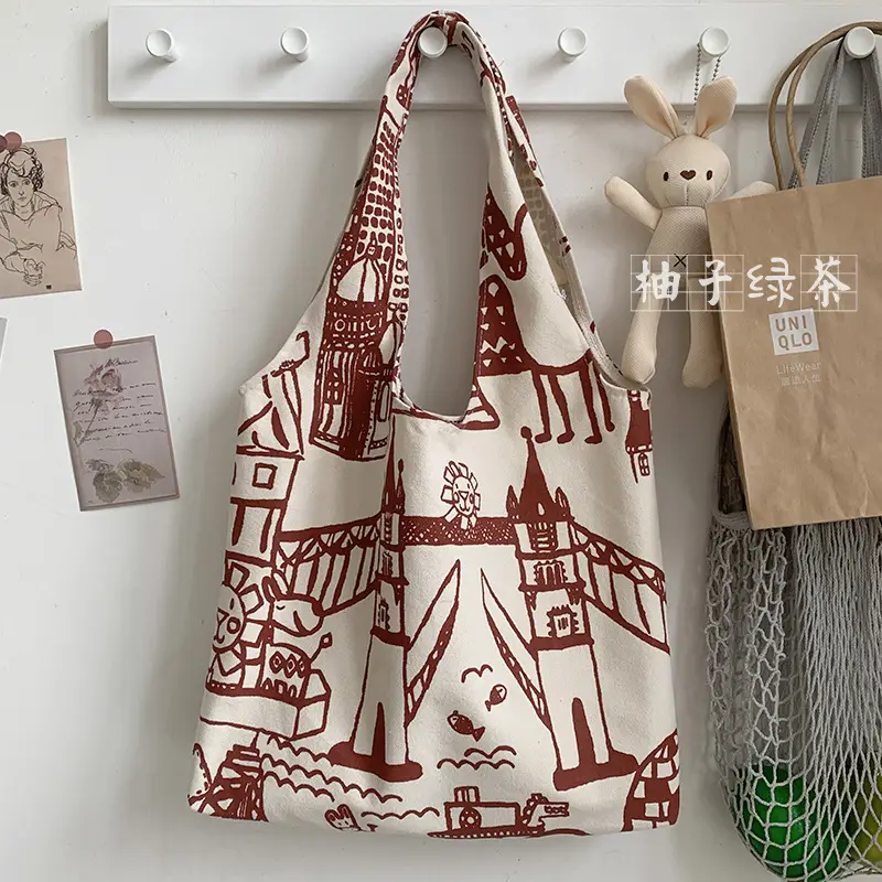 Cross-border 2025 new one-shoulder canvas bag for female students to pack books in class literary large capacity cute ins portable - Image 3