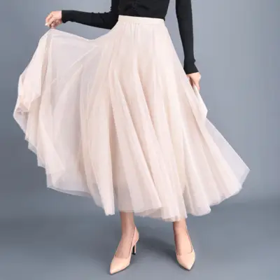2024 Mesh Pleated Skirt Mid Length Slim Fit Brown — feature 15