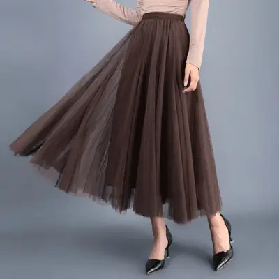 2024 Mesh Pleated Skirt Mid Length Slim Fit Brown — feature 17