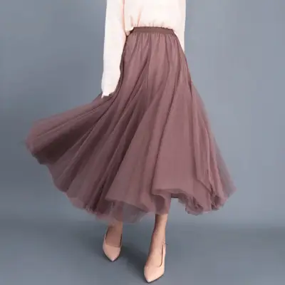 2024 Mesh Pleated Skirt Mid Length Slim Fit Brown - Image 6
