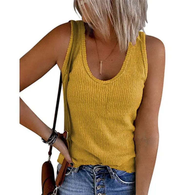 Women Rib Knitted Sleeveless Vest Green U-Neck - Image 12