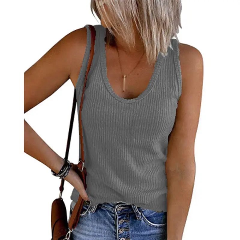 Women Rib Knitted Sleeveless Vest Green U-Neck - Image 3