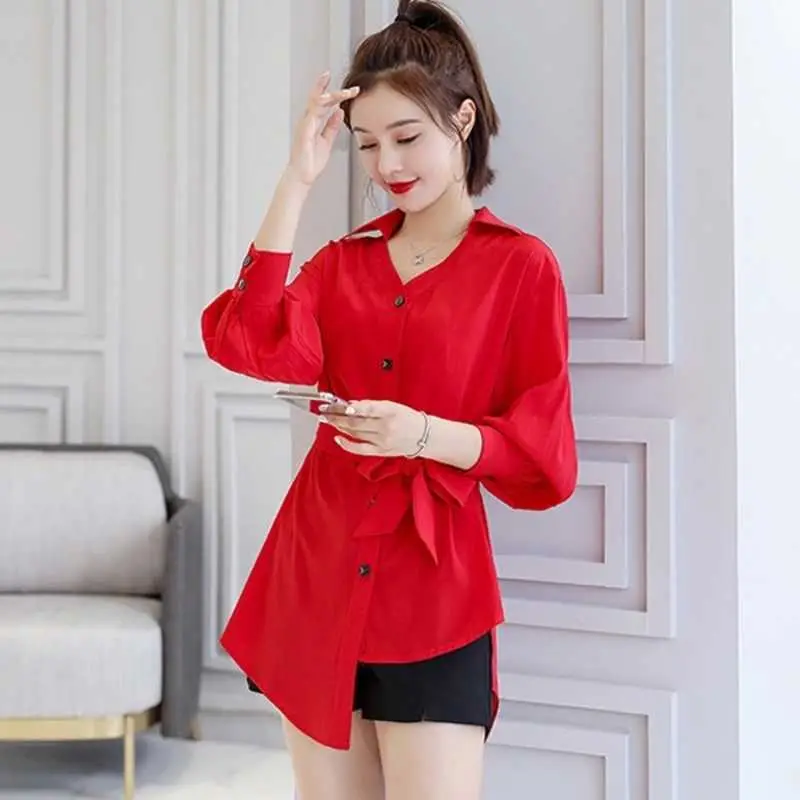 Red Chiffon Belted Shirt for Women 2024 Spring - Image 5