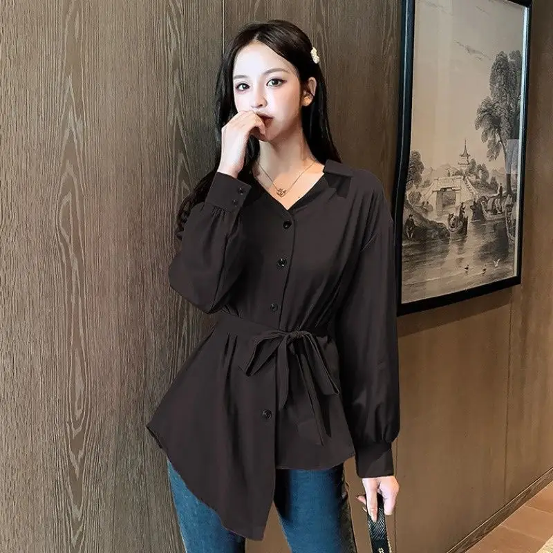 Red Chiffon Belted Shirt for Women 2024 Spring - Image 3