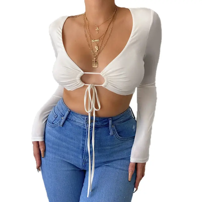 White Lace-Up V Neck Long Sleeve T-Shirt for Women - Image 5