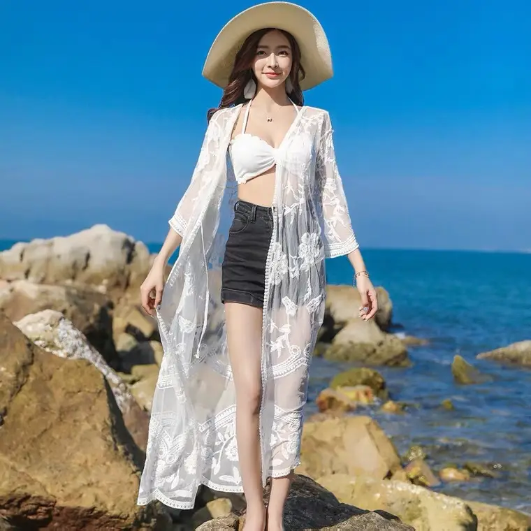White Lace Mid-Length Seaside Cardigan Jacket - Image 30