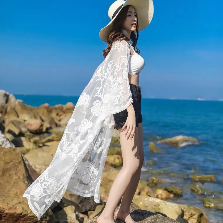 White Lace Mid-Length Seaside Cardigan Jacket - Image 31