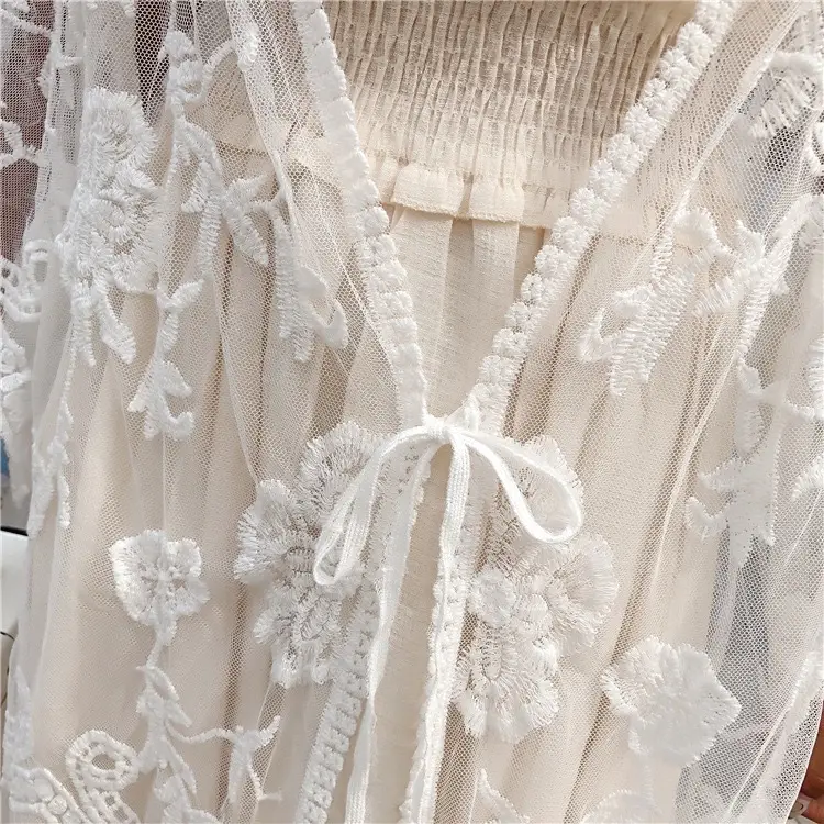 White Lace Mid-Length Seaside Cardigan Jacket - Image 32