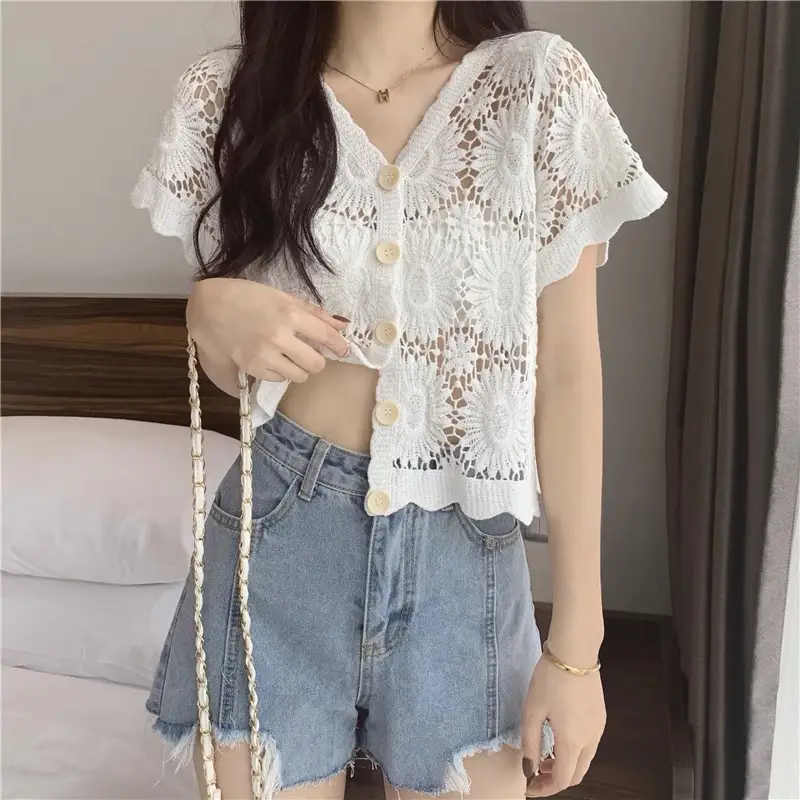 White Lace Mid-Length Seaside Cardigan Jacket - Image 10