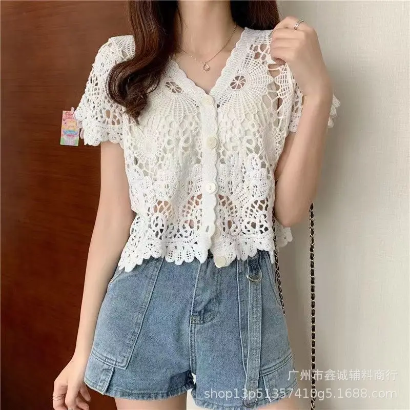 White Lace Mid-Length Seaside Cardigan Jacket - Image 17