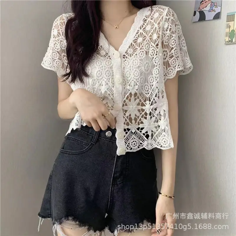 White Lace Mid-Length Seaside Cardigan Jacket - Image 19