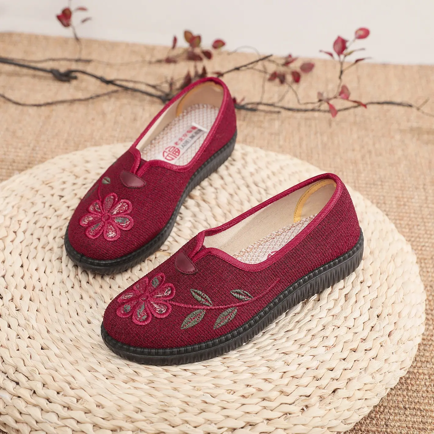 Women's Red Embroidered Flat Heeled Loafers - Image 4
