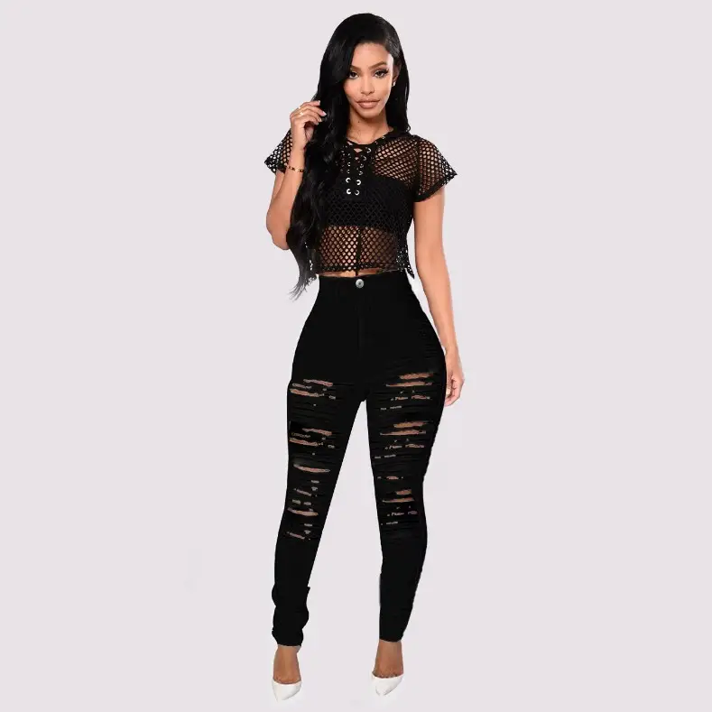 Black Mesh Top & White Ripped Skinny Pants Set - Image 4