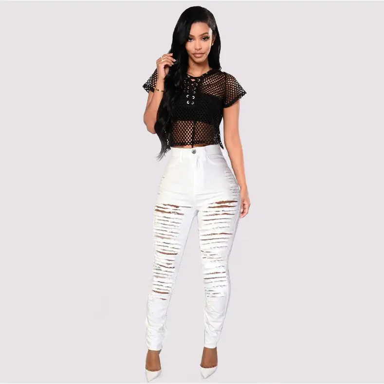 Black Mesh Top & White Ripped Skinny Pants Set - Image 5