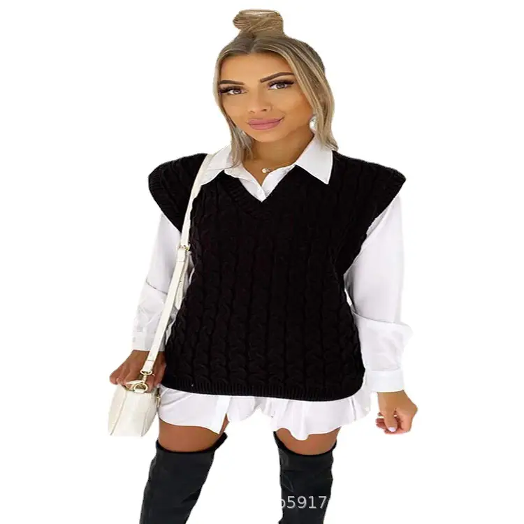 Black V-Neck Sleeveless Vest with White Collar Top - Image 9