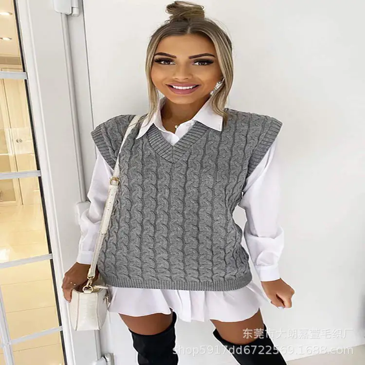 Black V-Neck Sleeveless Vest with White Collar Top - Image 2