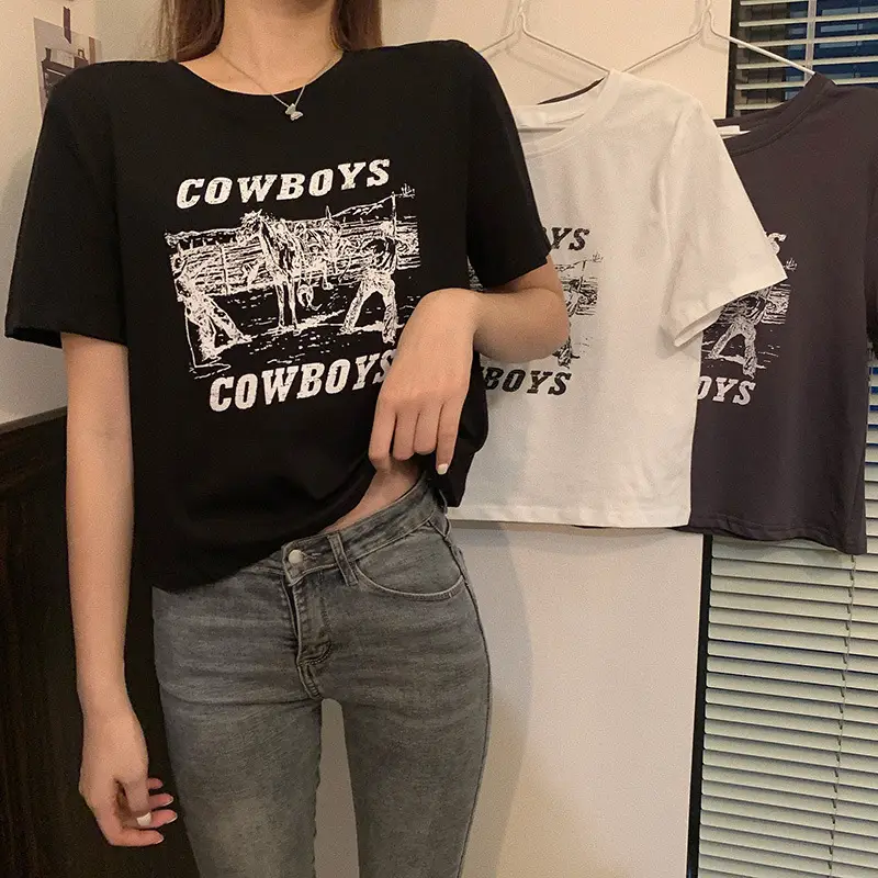 Women Retro Cowboy Print Short Sleeve T-Shirt Black 2025