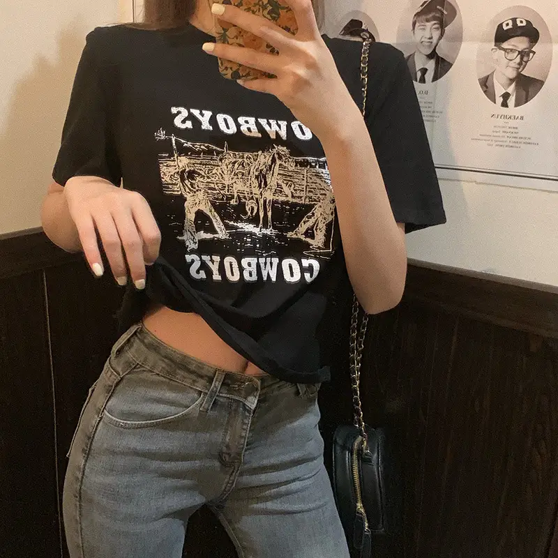 Women Retro Cowboy Print Short Sleeve T-Shirt Black 2025