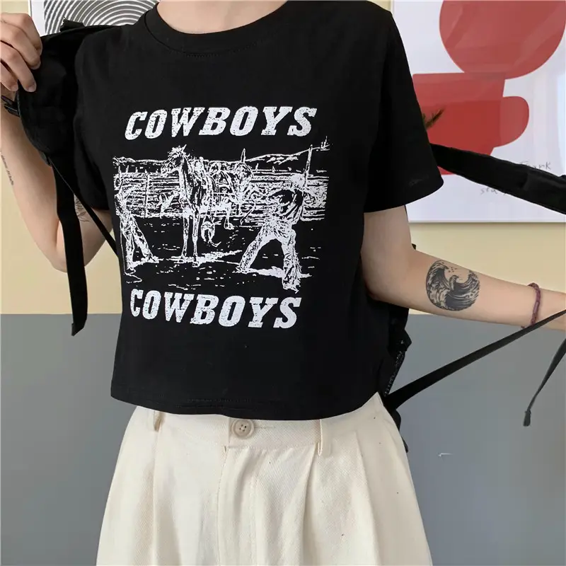 Women Retro Cowboy Print Short Sleeve T-Shirt Black 2025