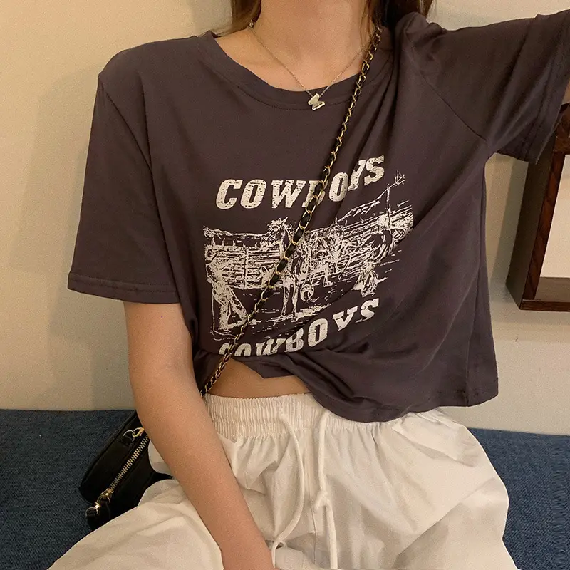 Women Retro Cowboy Print Short Sleeve T-Shirt Black 2025