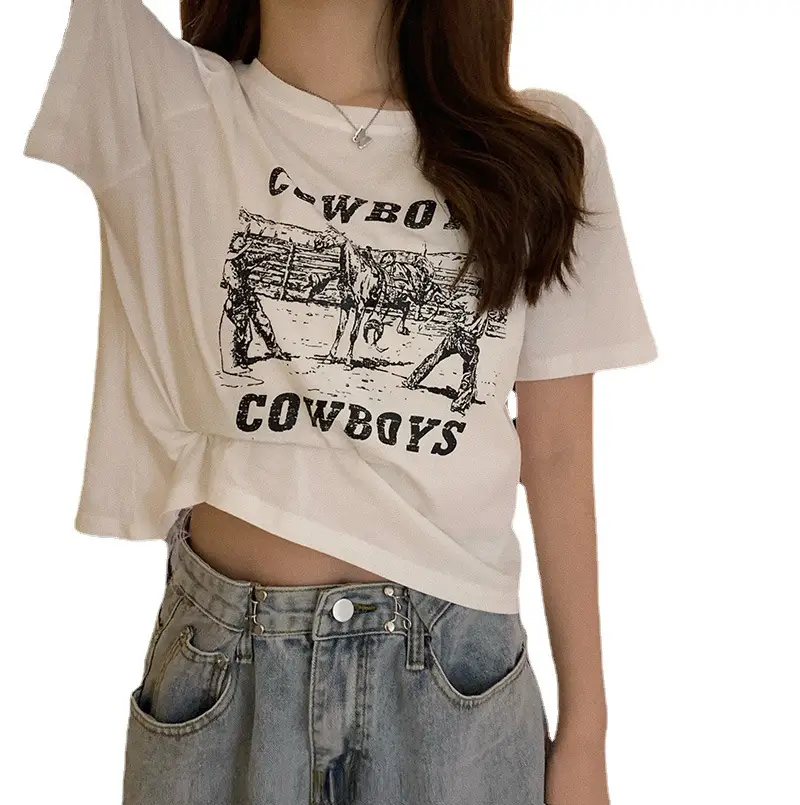 Women Retro Cowboy Print Short Sleeve T-Shirt Black 2025