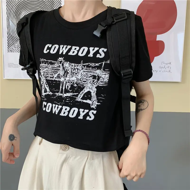 Women Retro Cowboy Print Short Sleeve T-Shirt Black 2025 — feature 11
