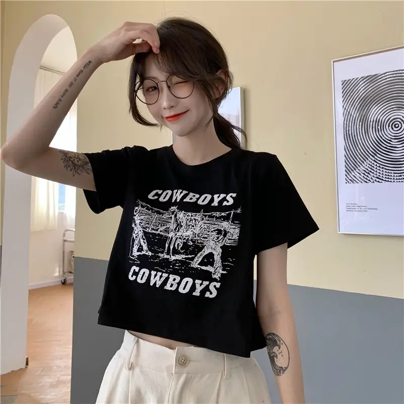 Women Retro Cowboy Print Short Sleeve T-Shirt Black 2025 — feature 13