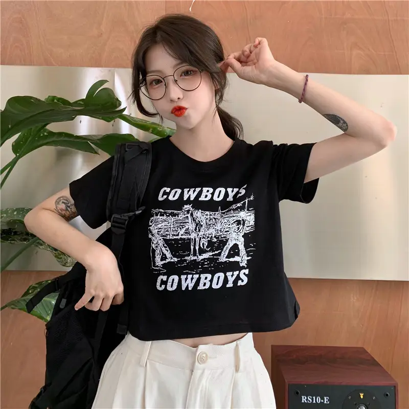 Women Retro Cowboy Print Short Sleeve T-Shirt Black 2025 — feature 14