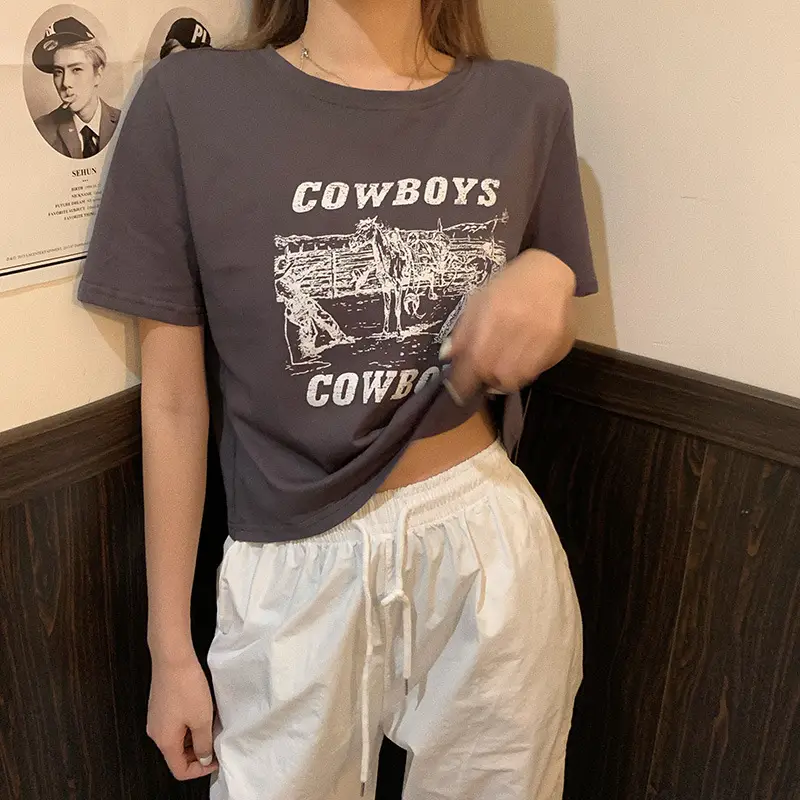 Women Retro Cowboy Print Short Sleeve T-Shirt Black 2025 — feature 15