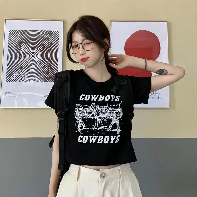Women Retro Cowboy Print Short Sleeve T-Shirt Black 2025 — feature 17