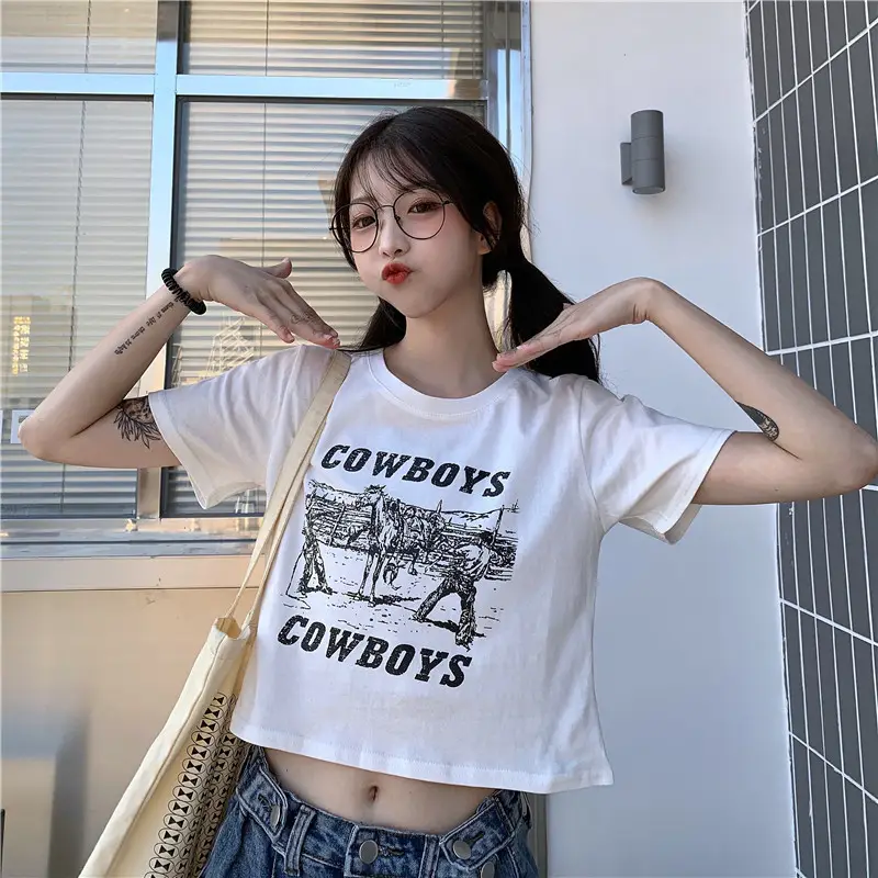 Women Retro Cowboy Print Short Sleeve T-Shirt Black 2025 — feature 21