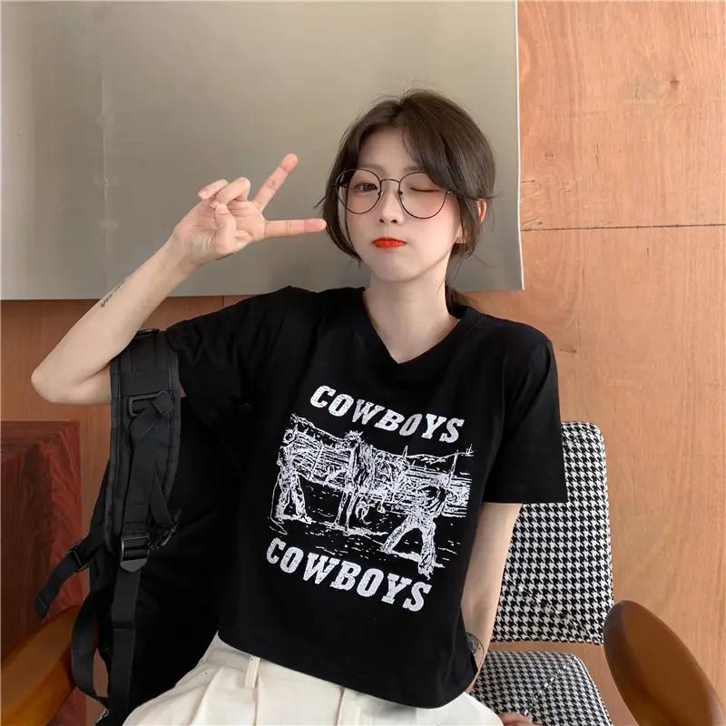 Women Retro Cowboy Print Short Sleeve T-Shirt Black 2025 — feature 22