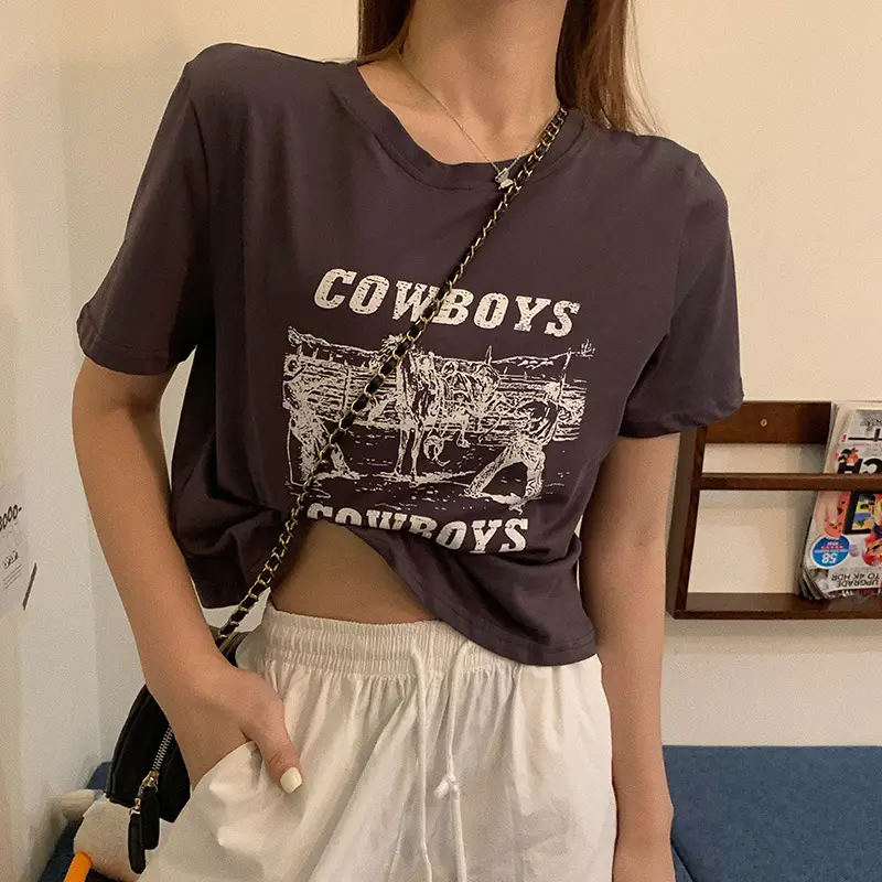 Women Retro Cowboy Print Short Sleeve T-Shirt Black 2025 — feature 23