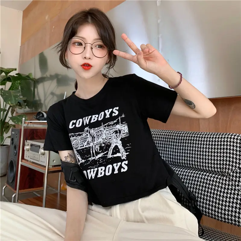 Women Retro Cowboy Print Short Sleeve T-Shirt Black 2025 — feature 24