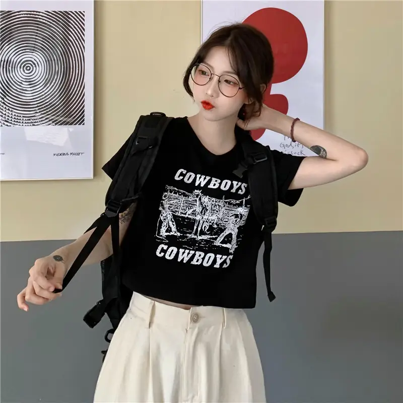 Women Retro Cowboy Print Short Sleeve T-Shirt Black 2025 — feature 27