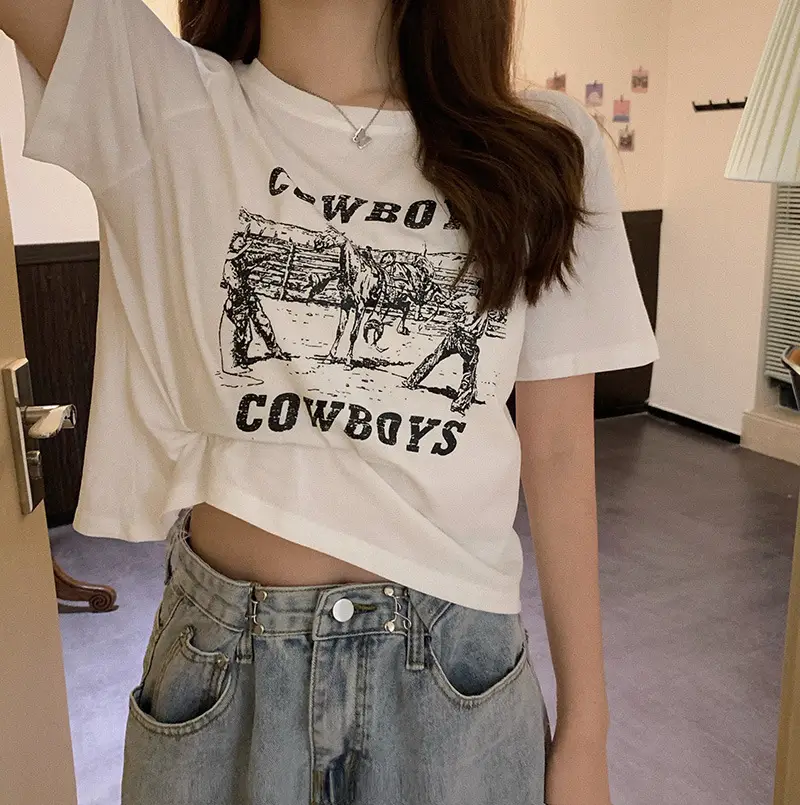 Women Retro Cowboy Print Short Sleeve T-Shirt Black 2025 — feature 6