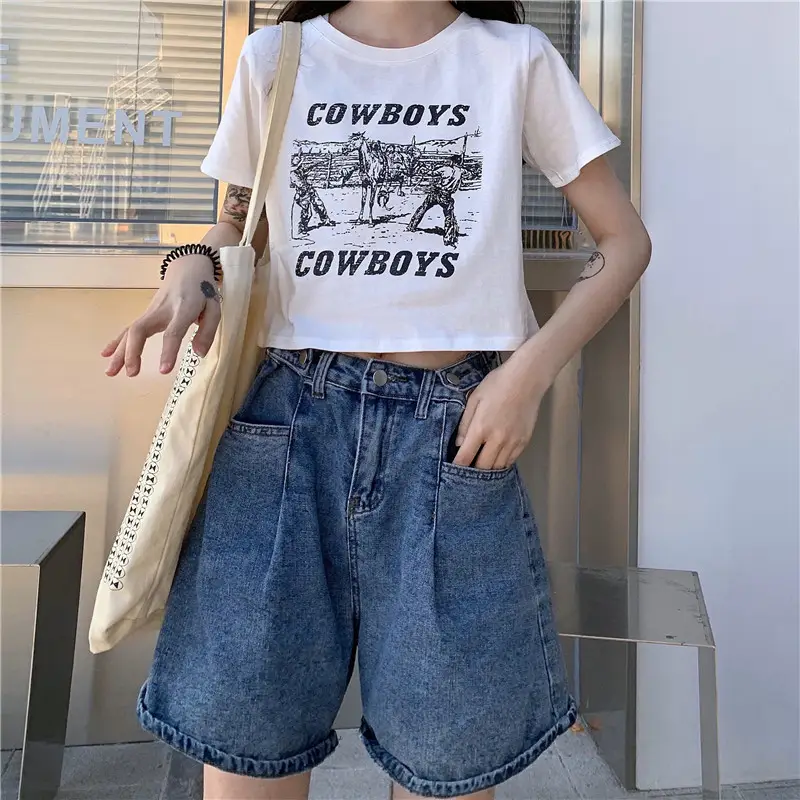 Women Retro Cowboy Print Short Sleeve T-Shirt Black 2025 — feature 7