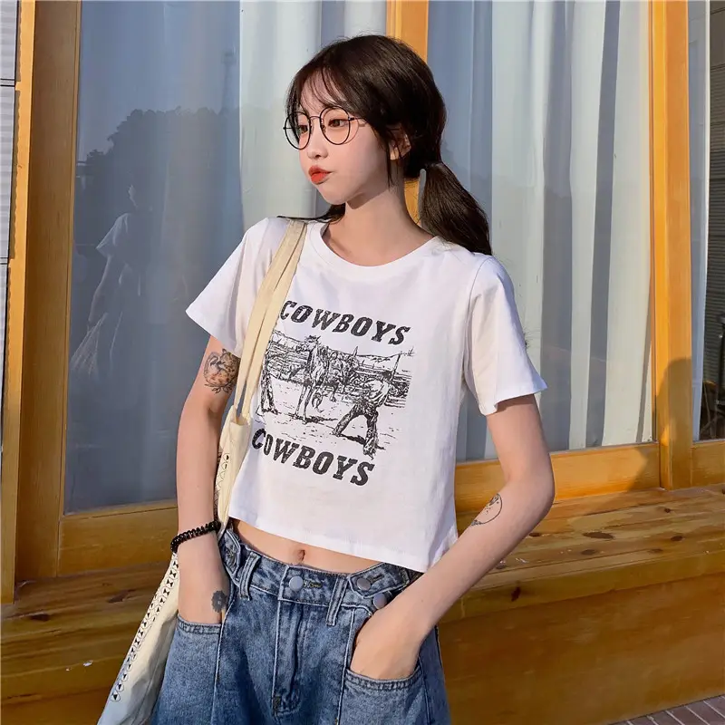 Women Retro Cowboy Print Short Sleeve T-Shirt Black 2025 — feature 9