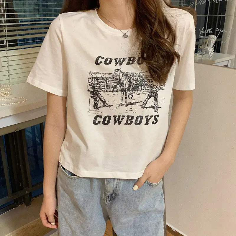 Women Retro Cowboy Print Short Sleeve T-Shirt Black 2025