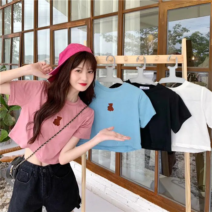 2025 Summer Korean Style Short Cropped Bear Embroidery T-Shirt - Image 5