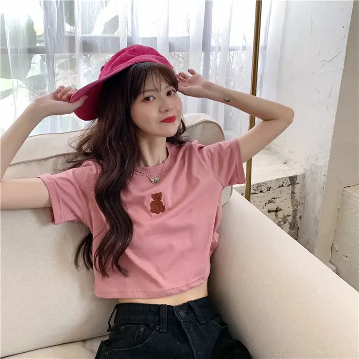 2025 Summer Korean Style Short Cropped Bear Embroidery T-Shirt - Image 7