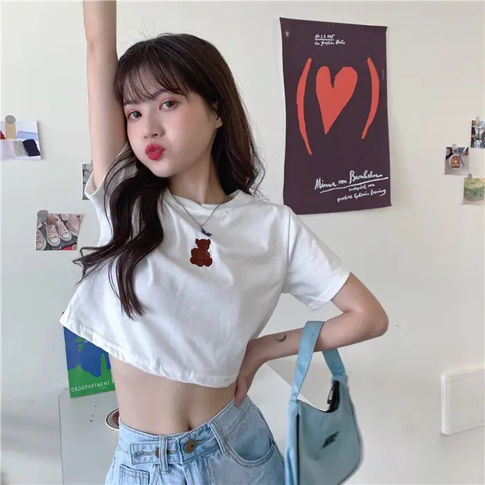 2025 Summer Korean Style Short Cropped Bear Embroidery T-Shirt - Image 2