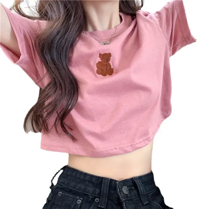 2025 Summer Korean Style Short Cropped Bear Embroidery T-Shirt - Image 8